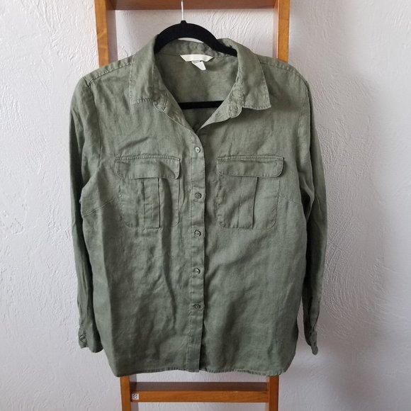 H&M Tops - H&M Linen Button Down Army Green Shirt Sz 12
